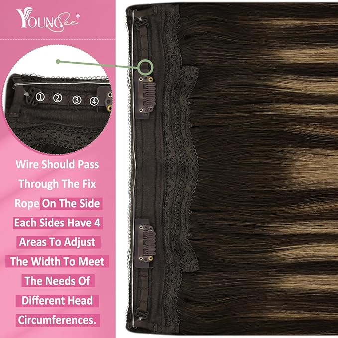 YoungSee 130G Wire Hair Extensions Real Human Hair Chocolate Brown Balayage Caramel Blonde Wire Hair Extensions Brown Fish Line Extension Remy Hair 22Inch