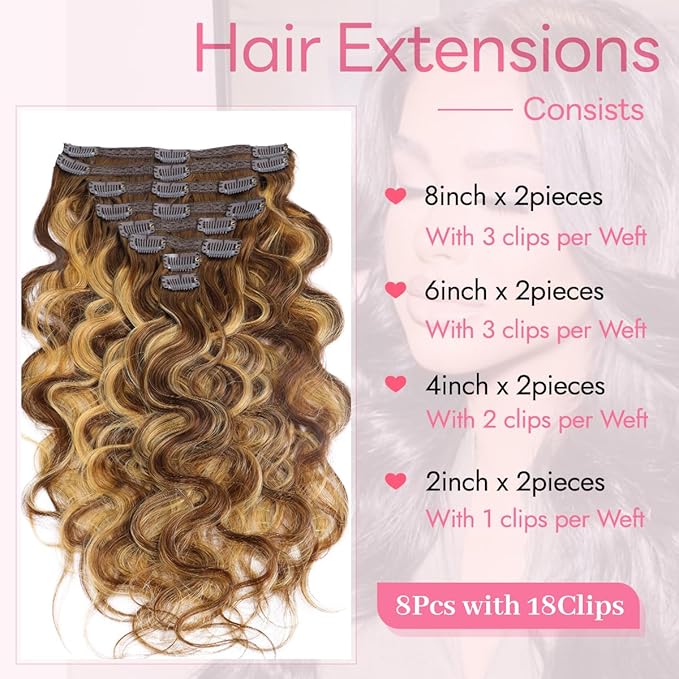 Clip in Hair Extensions Real Human Hair Body Wave #4/27 Chocolate Brown to Honey Blonde 100% Brazilian Remy Human Hair Extensions 8pcs Per Set with 18 Clips Double Weft 24 Inch 120g/3.6oz