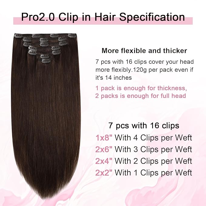 Pro2.0 Clip in Hair Extensions Real Human Hair 22inch 7pcs #4 Chocolate Brown Remy Real Hair Extensions Clip in Human Hair 120g Thick Double Weft for Women（#4-22inch）