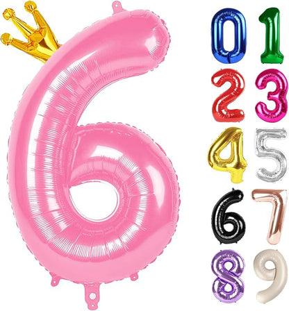 6 Balloon - Pink with Crown Birthday Number Balloons, 40 Inch Decorations | by ALPHADELTAPI