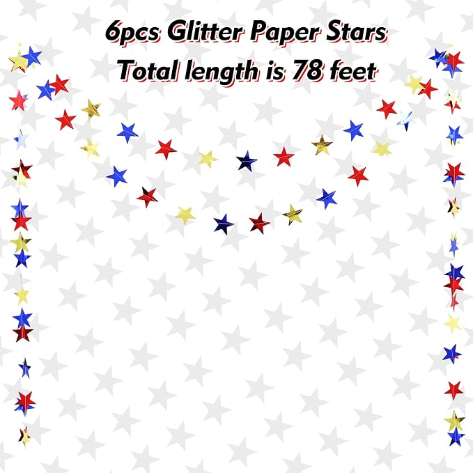 BEISHIDA 6Pcs Blue Gold and Red Star Garland Decor Twinkle Paper Star Banner - Image 2