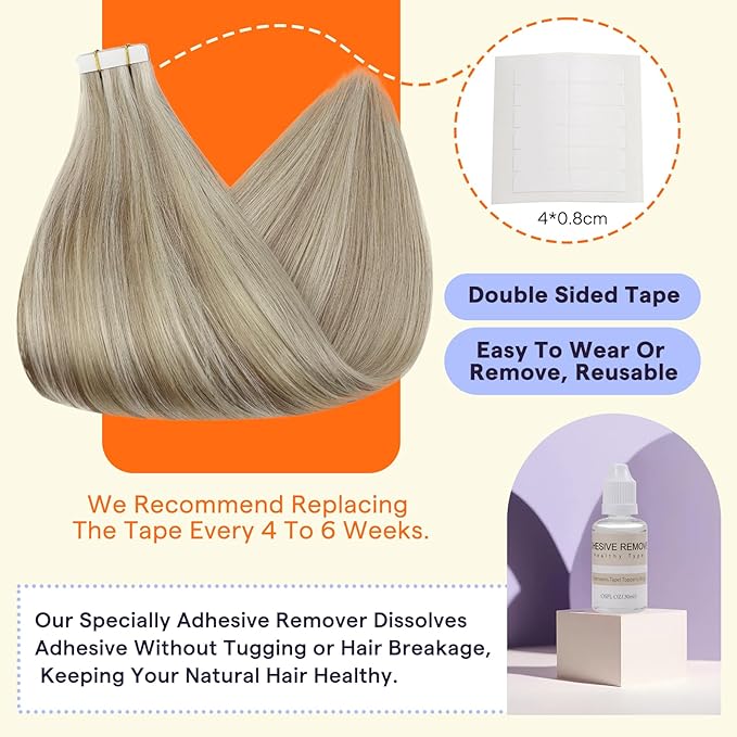 Full Shine Tape in Hair Extensions 22 Inch Color 18 Ash Blonde and 613 Blonde Seamless Skin Weft Remy Hair Extensions Real Human Hair Tape in 40PCS Invisible Natural Straight 100 Grams for Party