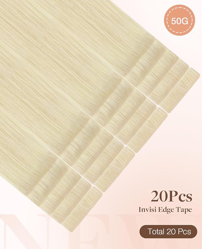 GOO GOO Invisi Edge Tape in Hair Extensions Human Hair, 60A Platinum Blonde 20pcs 18inch 50g, Virgin Remy Hair, Seamless Injected Tape, Natural Look