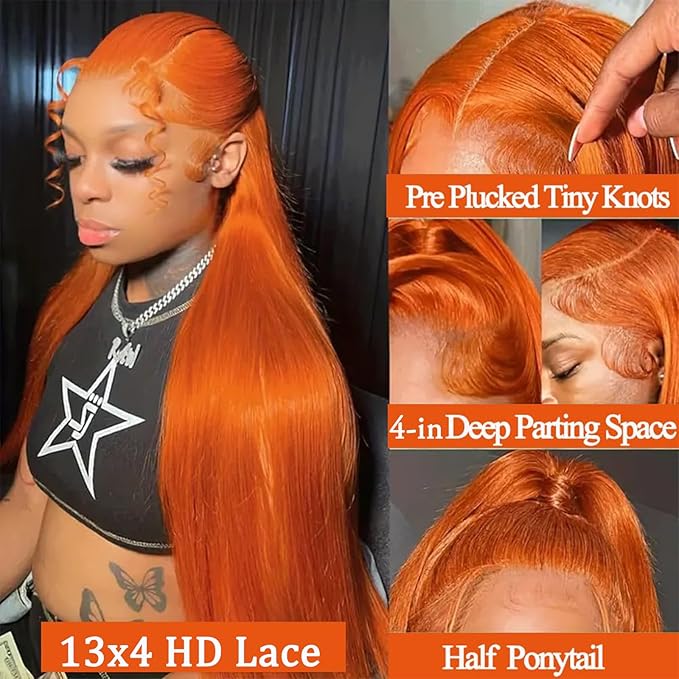 Ginger Orange Lace Front Wigs Human Hair 13x4 HD Transparent Straight Ginger Wig Human Hair Glueless Wigs Pre Plucked With Baby Hair 350 Colored 180% Density Ginger Wig 22 inch