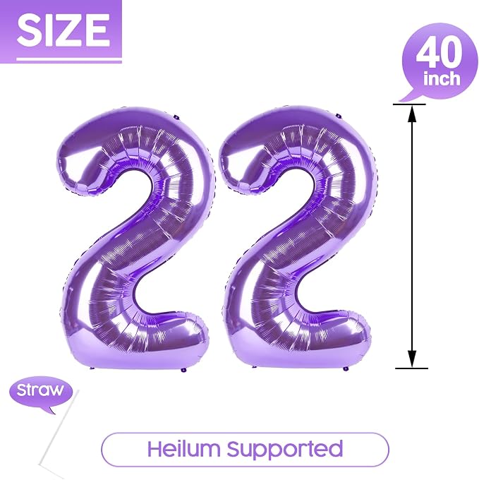 22 Balloon - Purple Birthday Number Balloons, 40 Inch Decorations Men Women | - Image 5