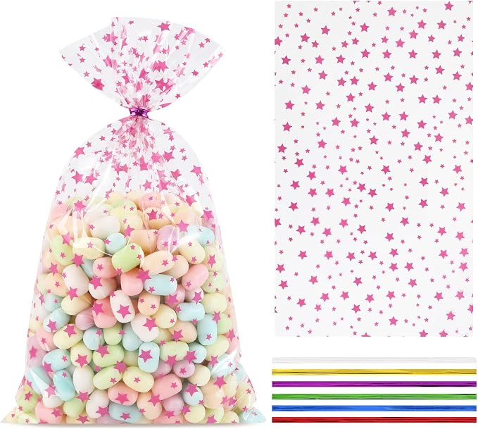 COQOFA 100 Pcs Pink Star 5"X11" Gift Wrap Cello Cellophane Treat Bags Clear by COQOFA