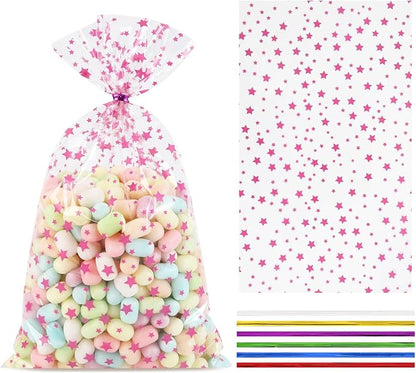 COQOFA 100 Pcs Pink Star 5"X11" Gift Wrap Cello Cellophane Treat Bags Clear by COQOFA