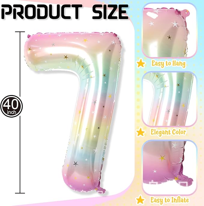 7th Birthday Balloons for Girls, Large Mylar Colorful Multicolor 7 Balloon - Image 2