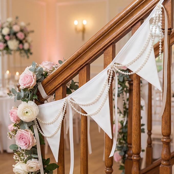 Tegeme 7.8 ft Wedding Pearl Fabric Banner Party Triangle Pennant Banner - Image 4