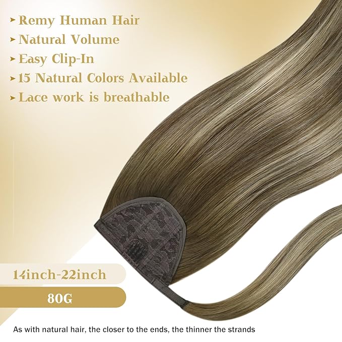 Ve Sunny Hair Extensions Ponytail Real Human Hair Wrap Around Clip in Ponytail Hair Extensions Straight Extensions Human Hair for Women Walnut Brown Ombre Light Brown Balayage Blonde 20inch 80G