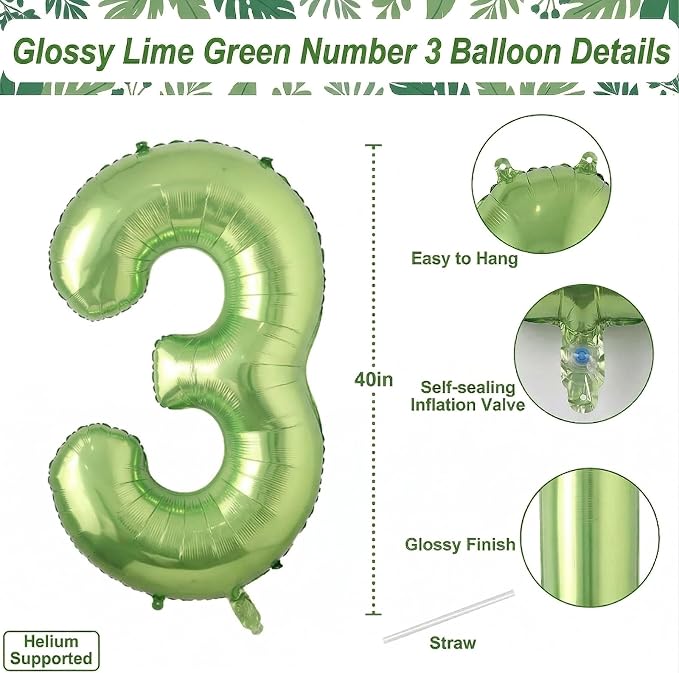 Light Green Number 3 Balloon 40 Inch, Glossy Metallic Foil Party Supplies | - Image 4