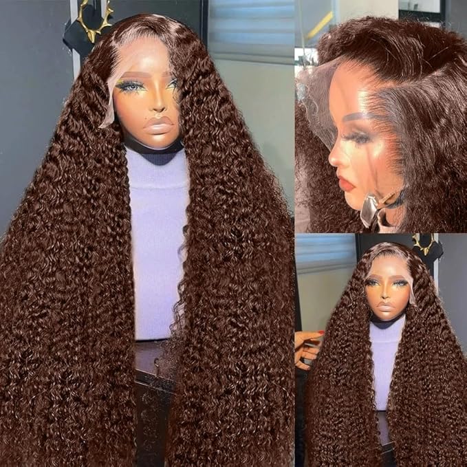 250% Density 36 Inch 13x6 FULL SKINLIKE HD Chocolate Brown Deep Curly lace front wigs Pre Plucked Real 0.10mm Ultra-thin Invisible Water Wave HD Lace Front Wigs Human Hair Small Knots Full Virgin Hair