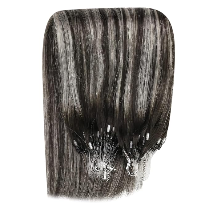YoungSee Micro Link Hair Extensions Human Hair Ombre Micro Bead Hair Extensions Real Human Hair Silver with Black Balayage Microlink Hair Extension Cold Fusion Hair for Long Hair 22 Inch 50g 50s