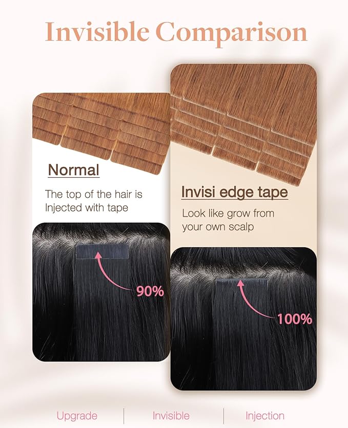 GOO GOO Invisi Edge Tape in Hair Extensions Human Hair, 330 Cinnamon Terra Copper, 20pcs 24inch 50g, Virgin Remy Hair, Seamless Injected Tape, Natural Look