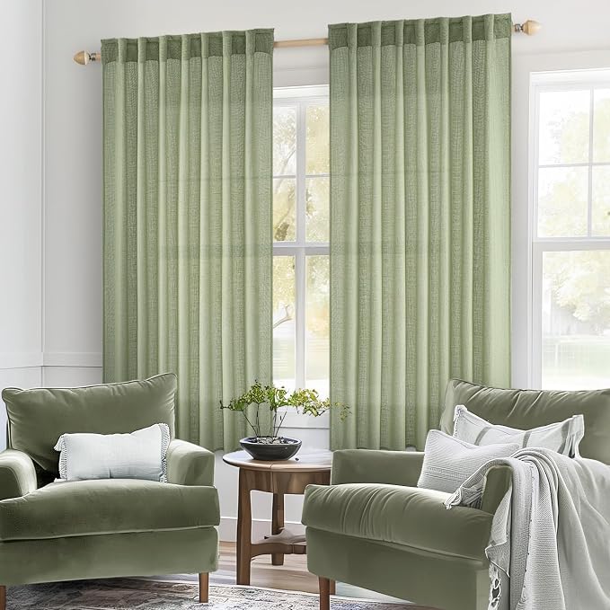 MIULEE Sage Green Linen Curtains 52x54 Inch Length 2 Panels - Image 2