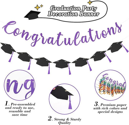 Class of 2026 Graduation Decorations Pre-Strung Glitter Congratulations Banner - Image 2