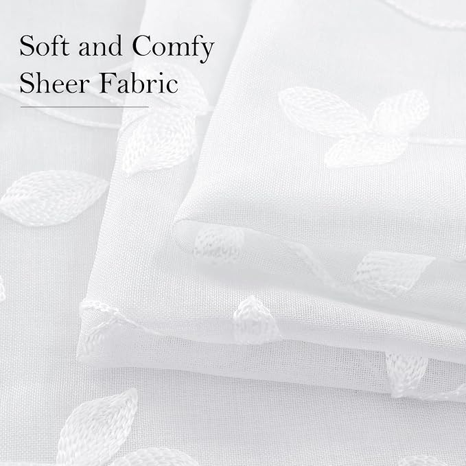 HOMEIDEAS White Sheer Curtains 2 Panels, Embroidered Vine Leaf, W52 x L84 | - Image 4