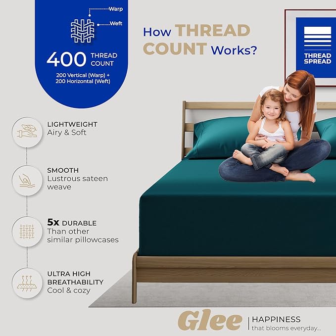 THREAD SPREAD 100% Cotton King Size Pillow Cases Set of 2-400 Thread Count Pillow Cases King Size Set of 2 (Teal), Luxuriously Soft Hotel Quality Sateen Weave Pillowcases, Crisp & Cool