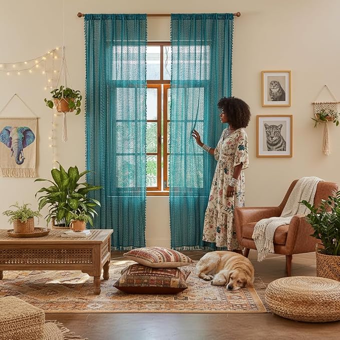 WAZZIO Boho Lace Curtains 63 Inches 2 Panel, Light Filtering Privacy Tassel & - Image 8