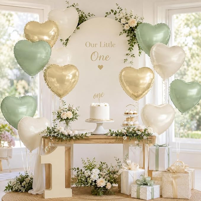 Sage Green Gold Heart Balloons, 18Inch Cream White Helium Balloon - Image 6