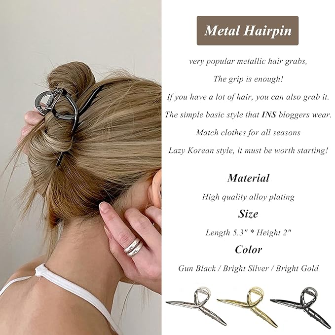 Big Metal Butterfly Hair Clips for Women - 5.1" Larger Size Metal Hair Accessories for Long, Thick Hair, 3 Pcs (Silver, Gold, Black)
