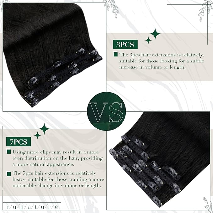 RUNATURE Black Clip in Hair Extensions, Real Hair Extensions Clip Ins, Long Human Hair Clip in Extensions, Remy Soft Hair, Natural Looking, 20 Inch 50g 3pcs #1B Off Black