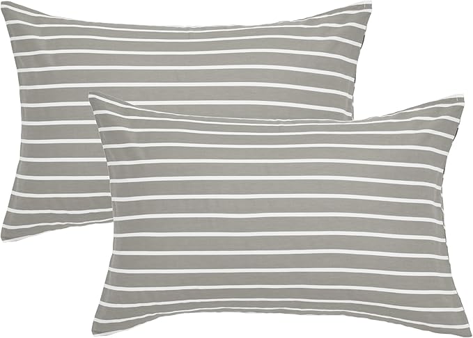 JELLYMONI 100% Natural Cotton StripedKing Pillowcases Set, 2 Pack Gray and White Stripes Pattern Printed Pillow Covers with Envelope Closure(Pillows are not Included)