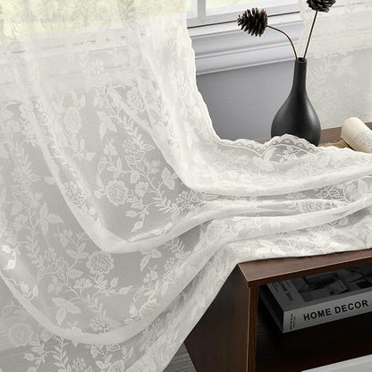 FINECITY Ivory Lace Curtains 45 Inch Length, Vintage Sheer Curtains Short - Image 9