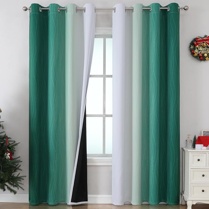 Green and Greyish White Gradient Blackout Curtains 102 Inches Long by ESTELARTEXTILER
