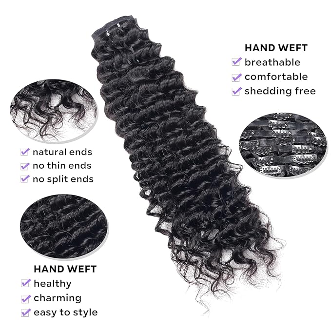 Seamless Clip in Hair Extensions Human Hair Deep Wave Clip ins for Black Women 8Pcs Brazilian Virgin Human Hair Clip in Extensions PU Skin Weft 18Clips 120g 20inch Natural Black