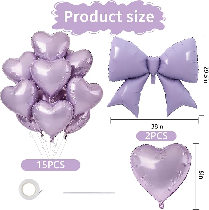 Vuzvuv 17 pcs Purple Heart Balloons Purple Bow Balloons Set, Anniversary - Image 2