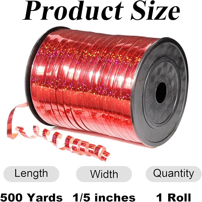 500 Yards Laser Red Curling Ribbon, 1/5 Inch Wide Shining Metallic Ribbons - Image 2