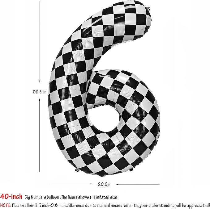 40In Black White Checkered Number 6 Balloon Race Car Digital Foil 6 Balloon | - Image 2