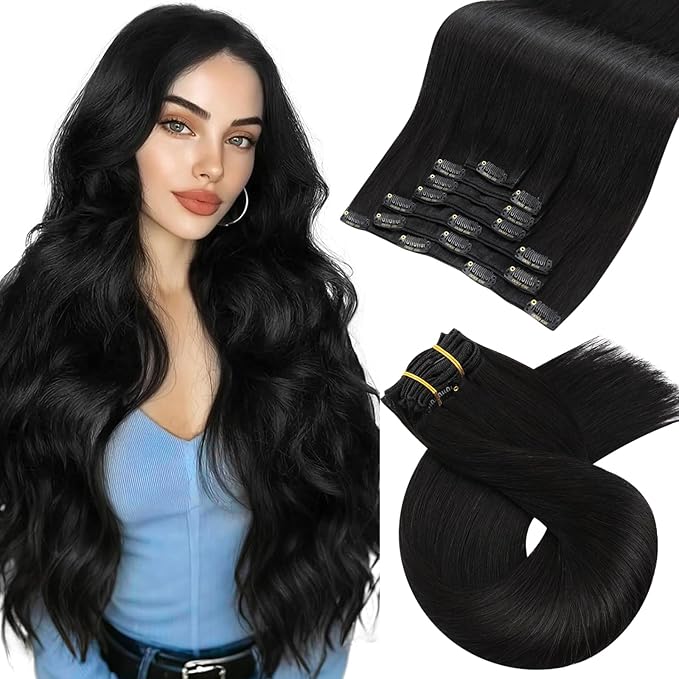 Moresoo Clip in Hair Extensions Remy Double Weft Human Hair Clip in Extensions Straight Hair Extensions for Women Natural Black #1B 7pcs 120g 18inch