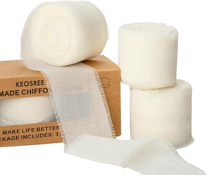 KEOSREE 3 Rolls Cream White Handmade Chiffon Ribbon, 1.5" x21Yd | Frayed Fringe by KEOSREE
