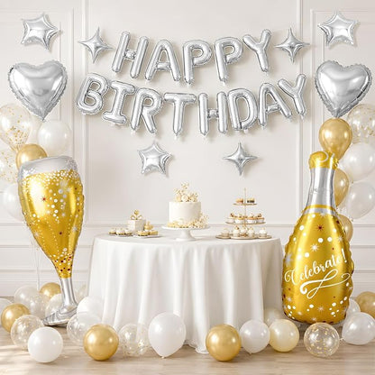 Silver Happy Birthday Balloons Banner, Champagne Bottle Glass Foil Balloon - Image 8