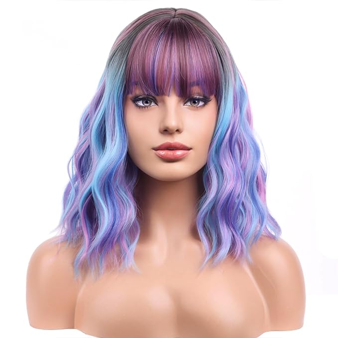 BERON 14 Inches Colorful Wigs with Bangs Short Colorful Bob Wigs for Women Loose Wavy Wig for Women Girls