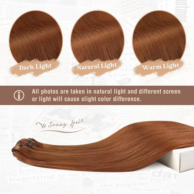 Ve Sunny Clip in Extensions Real Human Hair Ginger Copper Hair Extensions Full Head Clip in Hair Extensions Human Hair Natural Straight 7pcs 20 inch 120g