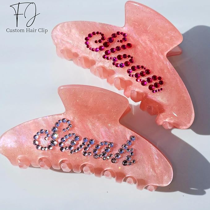 Personalized Colorful Name Hair Claw Clips for Women,Custom Hair Clips with Diamond,Cute Hair Accessories 4",Handmade Rhinestones Hair Clamp Gifts for Mom,Bride,Wife,Bridesmaid（Flash Pink）