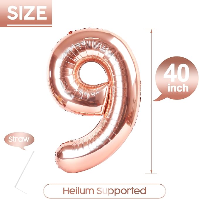 9 Balloon - Rose Gold Birthday Number Balloons, 40 Inch Party Decorations | - Image 5