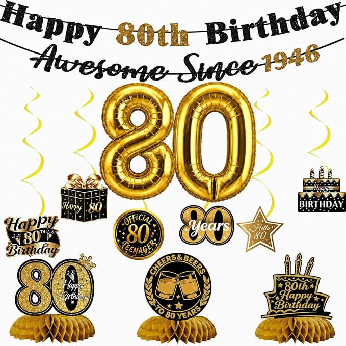 80th Birthday Decorations for Men Women, Pre-Strung Black Gold Happy 80th by Unknown