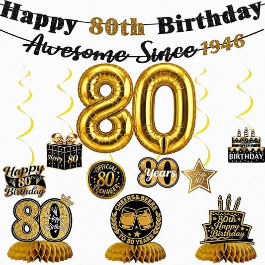 80th Birthday Decorations for Men Women, Pre-Strung Black Gold Happy 80th by Unknown