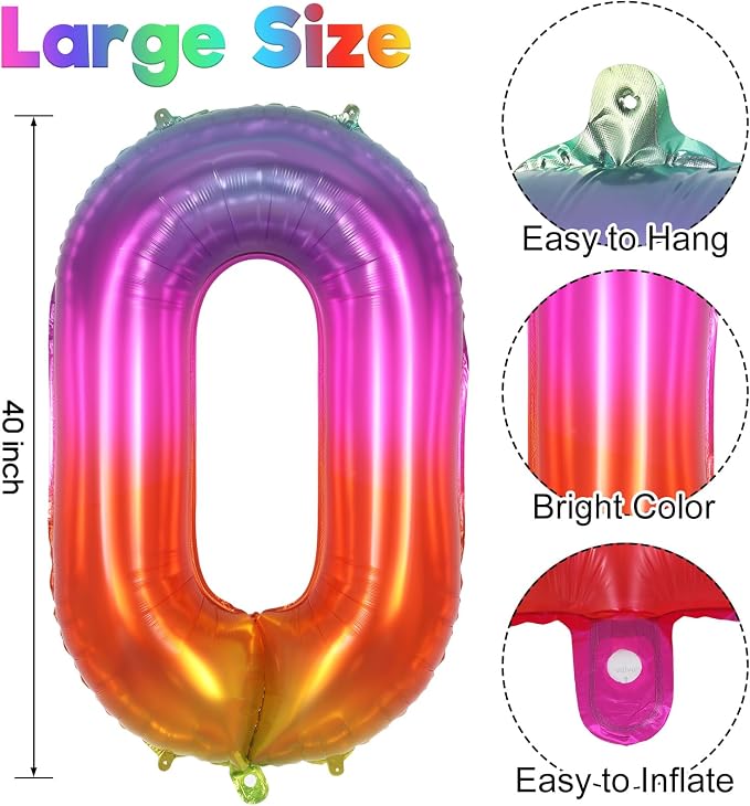 Rainbow Number 0 Balloon 40 Inch, Big Large Foil Number Balloons, Gradient - Image 3