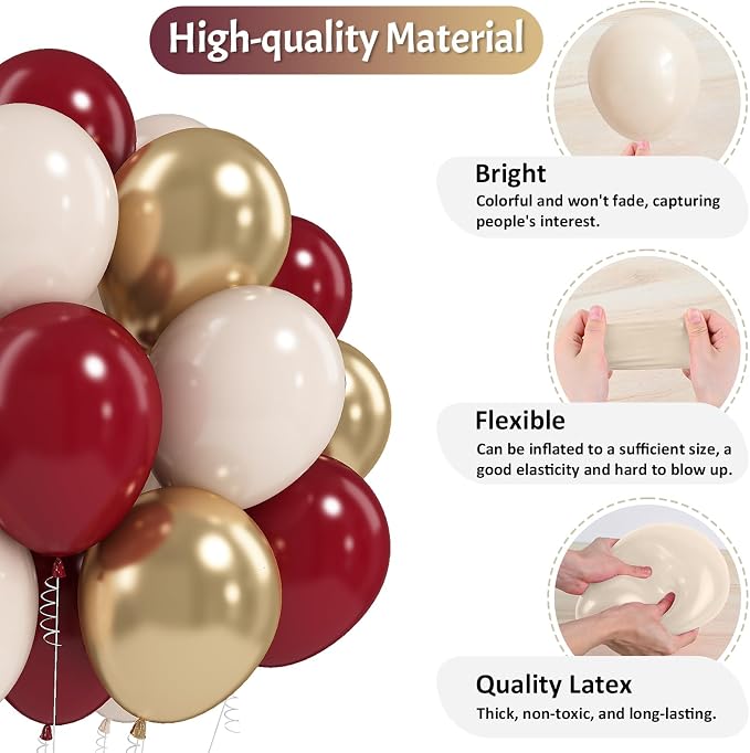 Jobkoo Burgundy Gold Balloons 60 PCS Dark Red Wine White Sand Beige Latex - Image 6