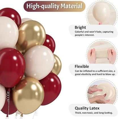 Jobkoo Burgundy Gold Balloons 60 PCS Dark Red Wine White Sand Beige Latex - Image 6