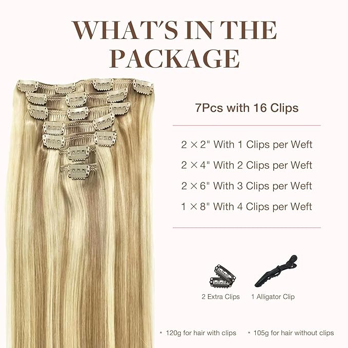GOO GOO Clip in Hair Extensions Real Human Hair, Remy Human Hair Extensions Clip ins for Women, Natural Human Hair, 26inch 135g 7Pcs, 16/22 Light Blonde Highlighted Golden Blonde