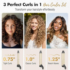 Rotating Curling Iron, 3 in 1 Automatic Curling Iron Set with Interchangeable Barrel 3/4, 1, 1 1/4 Inch, Instant Heat Dual Voltage Curling Wand for Lasting Beach Waves, Gold
