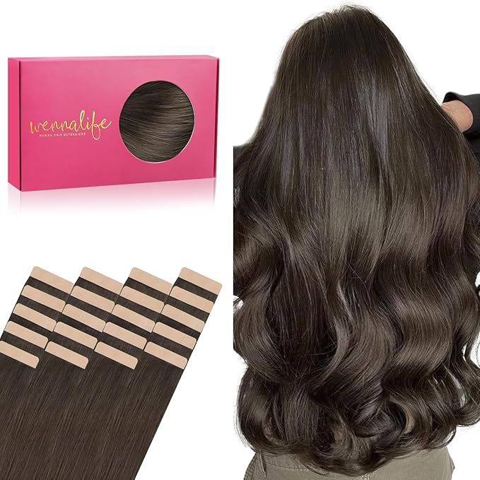 WENNALIFE Tape in Hair Extensions Human Hair, 20pcs 50g 16 inch Cool Dark Brown Remy Hair Extensions Straight Human Hair Tape in Extensions Skin Weft Tape Extensions
