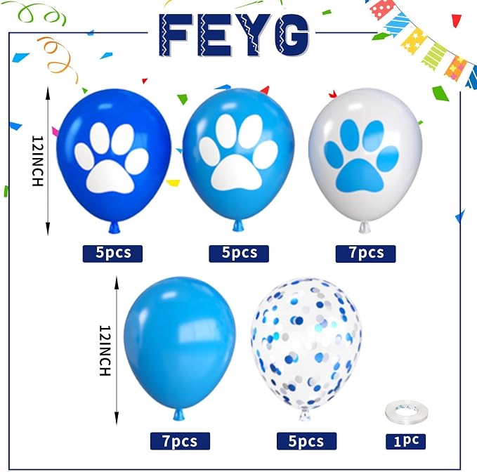 Paw Balloons, 12 Inch Paw Print Navy Blue Light Blue and White Confetti Dog - Image 2