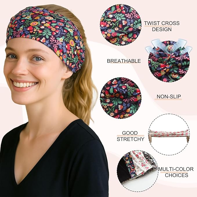 Artilady 6 Pack Boho Headbands for Women - Wide Bandana Headband Non Slip Stretchy Cheetah Flower Turban Headwarp Twisted for Girls